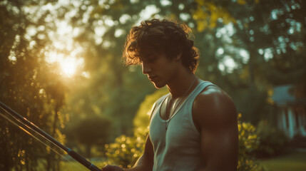 Young Man Fishing at Sunset in Nature