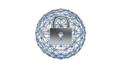A silver padlock isolated on transparent background within a network sphere