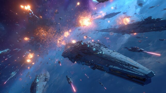 Epic space battle: warships clash near a fortified orbital base with laser fire and exploding hulls