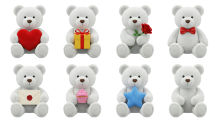 White plush teddy bear set including heart, gift, rose, bow tie, letter, cupcake, and star variants isolated. Cute toy collection for valentines day and celebrations.