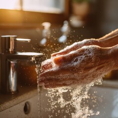 Fototapeta premium Everyday hand hygiene: foamy lather under warm light above a bathroom sink