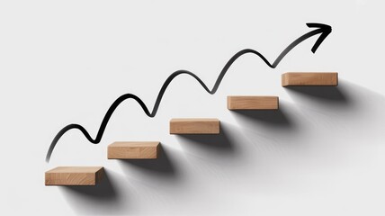 Wooden blocks stepping up with upward trending arrow