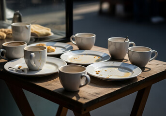 Obraz premium Empty dirty coffee cups and plates on a wooden table for cafe lifestyle and after-party mess concepts.