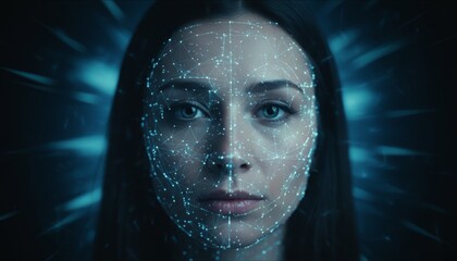 Woman's face with a digital overlay of connected dots and lines, representing facial recognition, biometric identification, and artificial intelligence for security and access