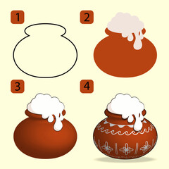 Step by step pongal pot drawing process from outline to final illustration