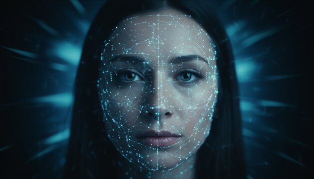 Woman's face with a digital overlay of connected dots and lines, representing facial recognition, biometric identification, and artificial intelligence for security and access - Powered by Adobe