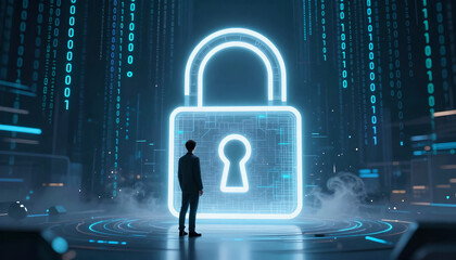 Futuristic cybersecurity data protection concept digital lock glowing in virtual network security atmosphere