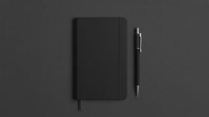 Modern black notebook and pen on dark background for writing and creativity