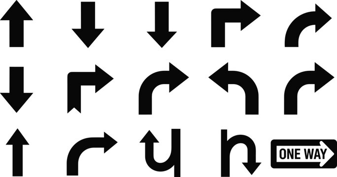Black Directional Arrow Icons Set with Straight, Curved, Turn, U Turn, and One Way Navigation Symbols Vector Illustration