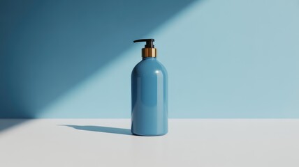 Modern blue pump bottle on white table with blue background