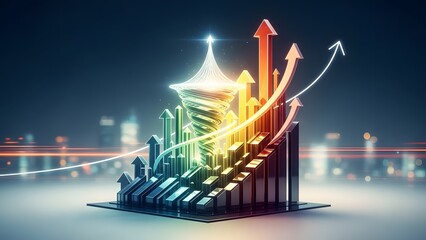 Digital data visualization with glowing upward pointing arrows showing growth and success against city lights