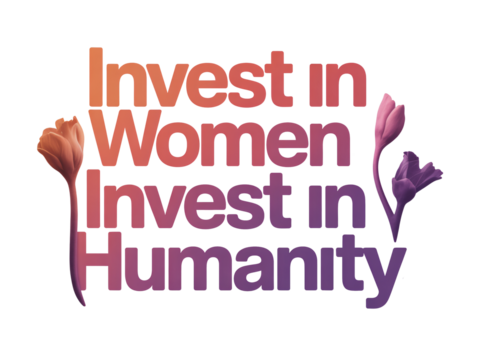 Invest in Women Invest in Humanity text with flowers on white background women empowerment isolated on a transparent background - Powered by Adobe