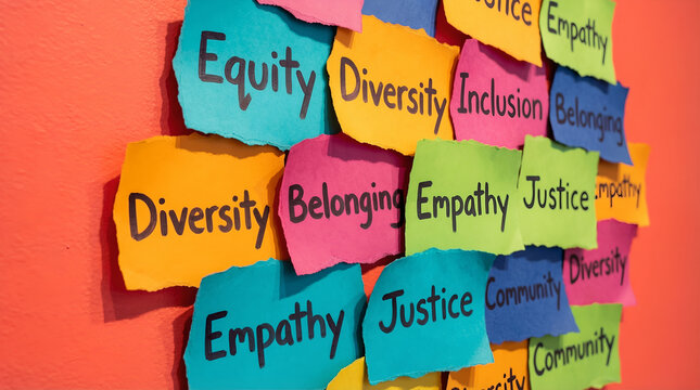 Diversity equity inclusion belonging empathy justice community on colorful paper wall concept for social awareness and teamwork unity
