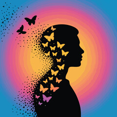 Butterfly transformation vector with dissolving silhouette, vibrant concentric background, and symbolic release of emotion.