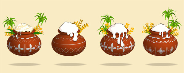 Four Decorated Pongal Clay Pots with Overflowing Rice, Traditional Festival Illustration