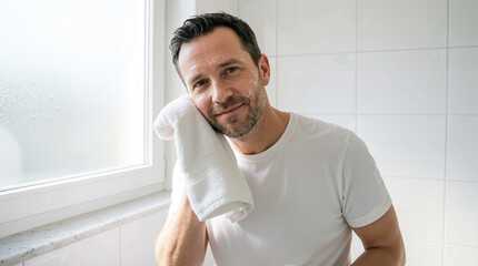 Man smiling while drying his face with a towel in bathroom