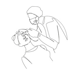 One continuous single drawing line art flat doodle doctor, injection, woman, procedure, cosmetology, beauty, aesthetic, botox. Isolated image hand draw contour on a white background; hand drawn; not A