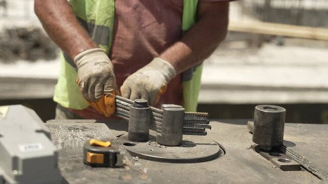 Construction worker tying and twisting steel rebar on a building site, preparing reinforcement for concrete structure. Close-up industrial footage showing manual craftsmanship, safety gear, and struct