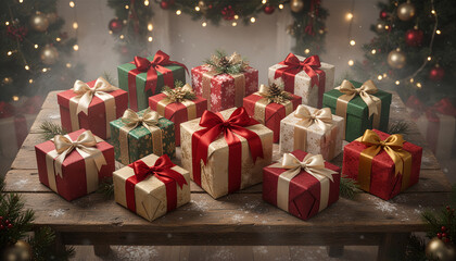 Christmas gift box holiday present festive decoration red ribbon green ribbon gold ribbon rustic table winter celebration joy