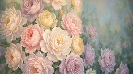 Soft pastel flower, rose, peony, floral art, romantic, vintage, botanical painting on canvas wall