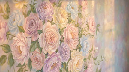 Soft pastel flower, vintage floral wallpaper, peony rose bouquet, romantic wall art, shabby chic decor, elegant bloom pattern, spring garden mural