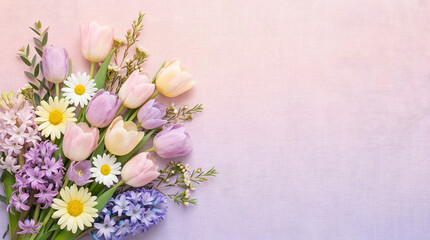 Flower bouquet tulip daisy pastel spring background greeting floral blossom petal hyacinth pink purple yellow white green leaf nature border