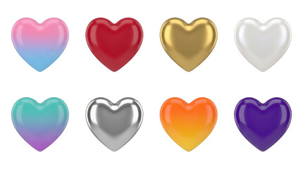 Obraz premium Glossary heart set including red, gold, silver, purple, and gradient metallic finishes isolated. Romantic and decorative collection for holiday celebrations.
