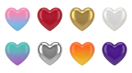 Glossary heart set including red, gold, silver, purple, and gradient metallic finishes isolated. Romantic and decorative collection for holiday celebrations.