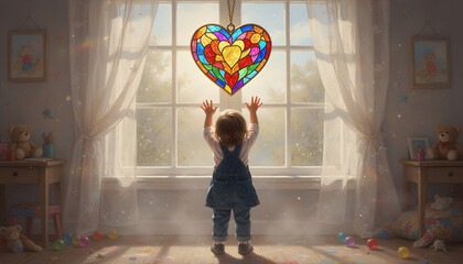 Colorful heart stained glass window child toddler nursery sunlight magic dream joy hope innocence fantasy