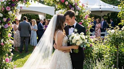 Romantic outdoor wedding garden ceremony bridal couple wedding bouquet floral arch summer celebration elegant tent joyful guests Romantic outdoor