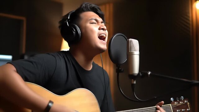 A young man wearing headphones sings passionately while playing an acoustic guitar in a soundproof recording studio, with a professional microphone positioned nearby.