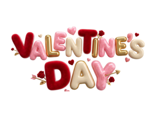 Valentine's Day Text with Red Pink and Gold 3D Balloons and Hearts Keywords: Valentine's Day, love, romance isolated on a transparent background