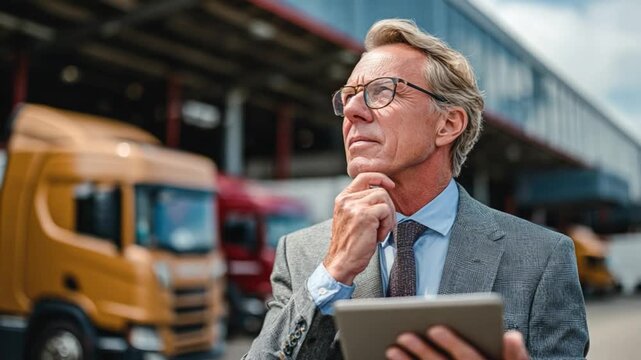 Logistics Visionary: An astute senior executive, engrossed in contemplation, oversees the logistics operation, holding a digital tablet.