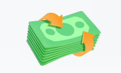 Money refund icon symbol floating on white background. Banknote arrow loop transfer cashback transaction payments concept. Economy investment deposit profit graphic design. 3D vector illustration