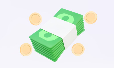 Banknotes stack with coins floating on white background. Economy money saving loan bank deposit budget bonus wealth business financial investment. 3D vector illustration elements