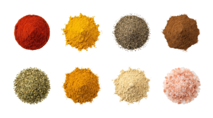 Assorted spice and herb set including paprika, turmeric, black pepper, cinnamon, oregano, cumin, ginger, and pink salt isolated. Culinary seasoning and cooking ingredients collection.