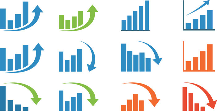 Colorful business growth and decline chart icons set with arrows for analytics design