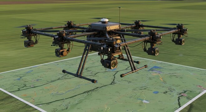 Advanced Octocopter Drone on Landing Pad Ready for Flight.
