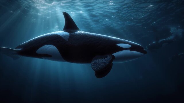 Orca swimming peacefully in deep ocean with cinematic underwater mood