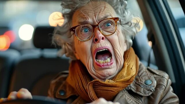 Elderly woman shows strong emotions while driving in a busy city during evening hours with bright lights in the background