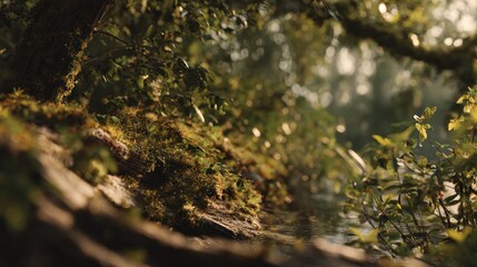Enchanting forest floor with mossy textures and shimmering sunlit leaves