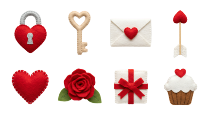 Valentine's Day felt craft set including heart lock, key, envelope, arrow, rose, gift box, and cupcake isolated. Handmade romantic holiday collection.
