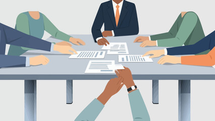 Group of people gathered around a table discussing documents with a leader standing at the head in a professional meeting setting