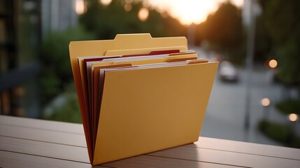 A yellow folder with colorful tabs filled with documents sits on a surface at twilight with soft sunlight illuminating the scene