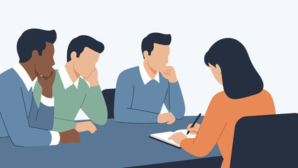 Professionals engaged in a meeting discussion around a table with documents and pens