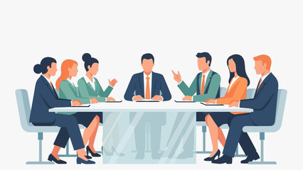 Business professionals engaged in a meeting around a table discussing corporate strategies in a modern office environment from a frontal viewpoint