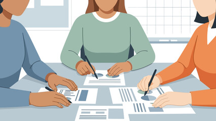 Three individuals collaborating on a project at a table with papers and pens in a well-lit office environment