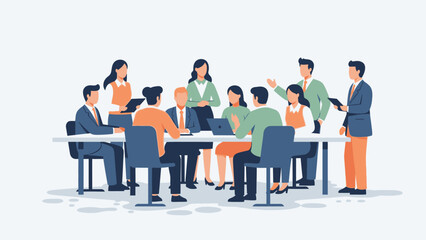 Group of professionals engaged in a meeting around a table in a modern office setting