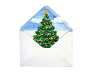Christmas tree in envelope with winter sky backdrop