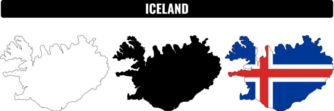 Different shapes of Iceland displayed with outline and flag design